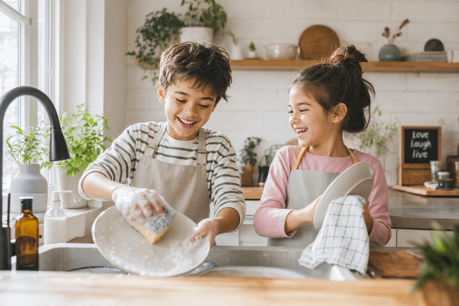 Two smiling children washing and drying dishes together at the kitchen sink